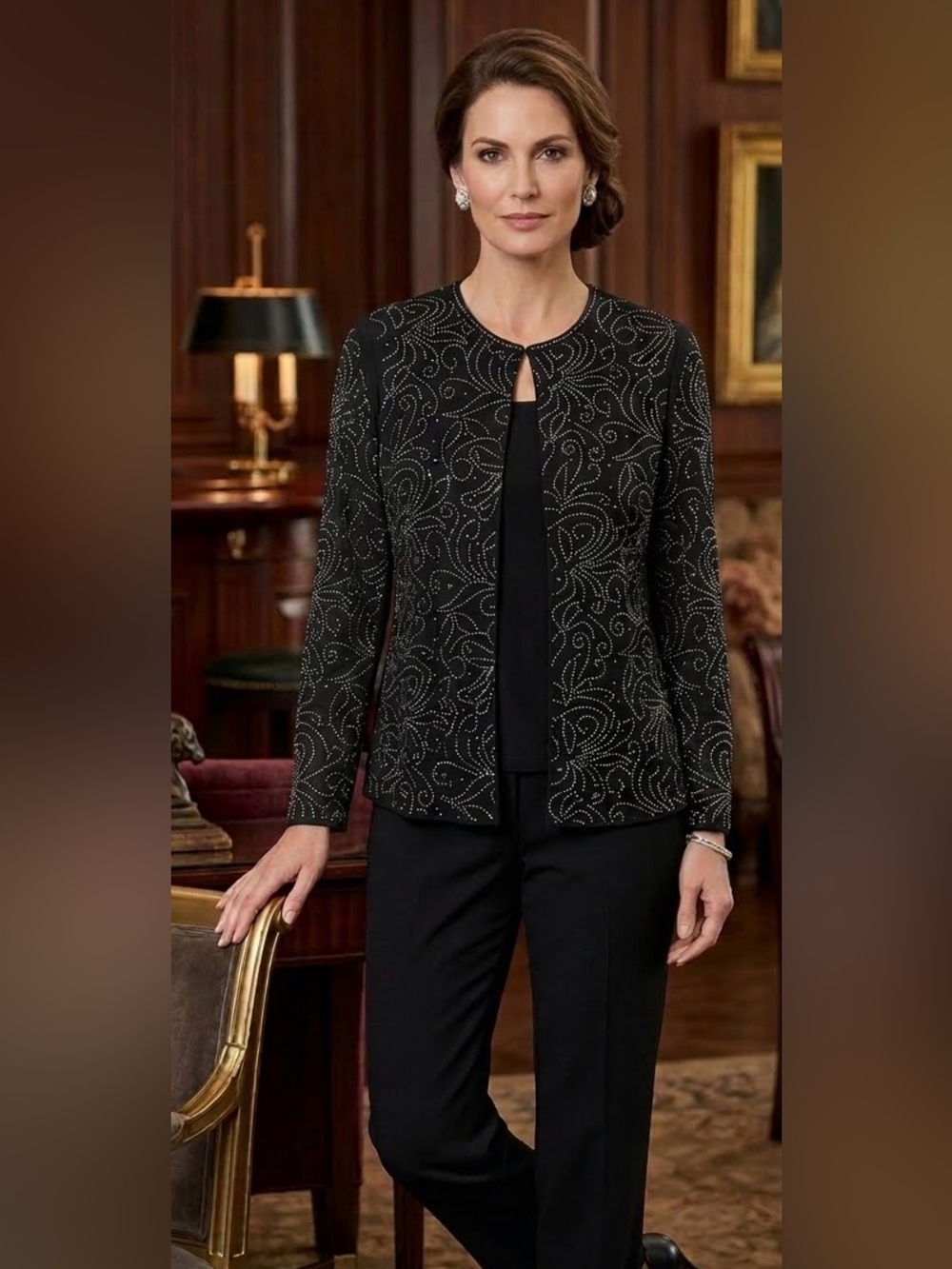 Black Velvet‎ Rhinestone Embellished Twofer Top Women's Medium Petite